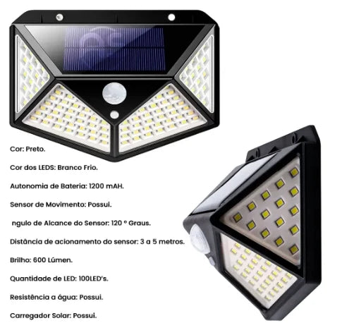 Luminária Solar de Parede 100 LEDs com Sensor de Movimento